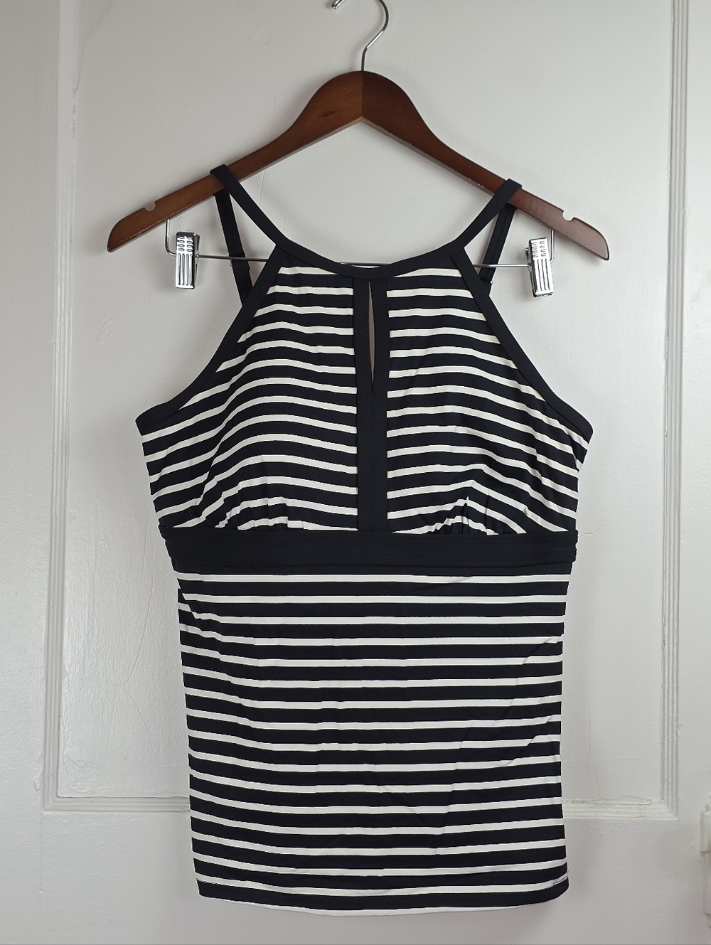 Land's End Black and White Striped Wire Free Halter Tankini 12
